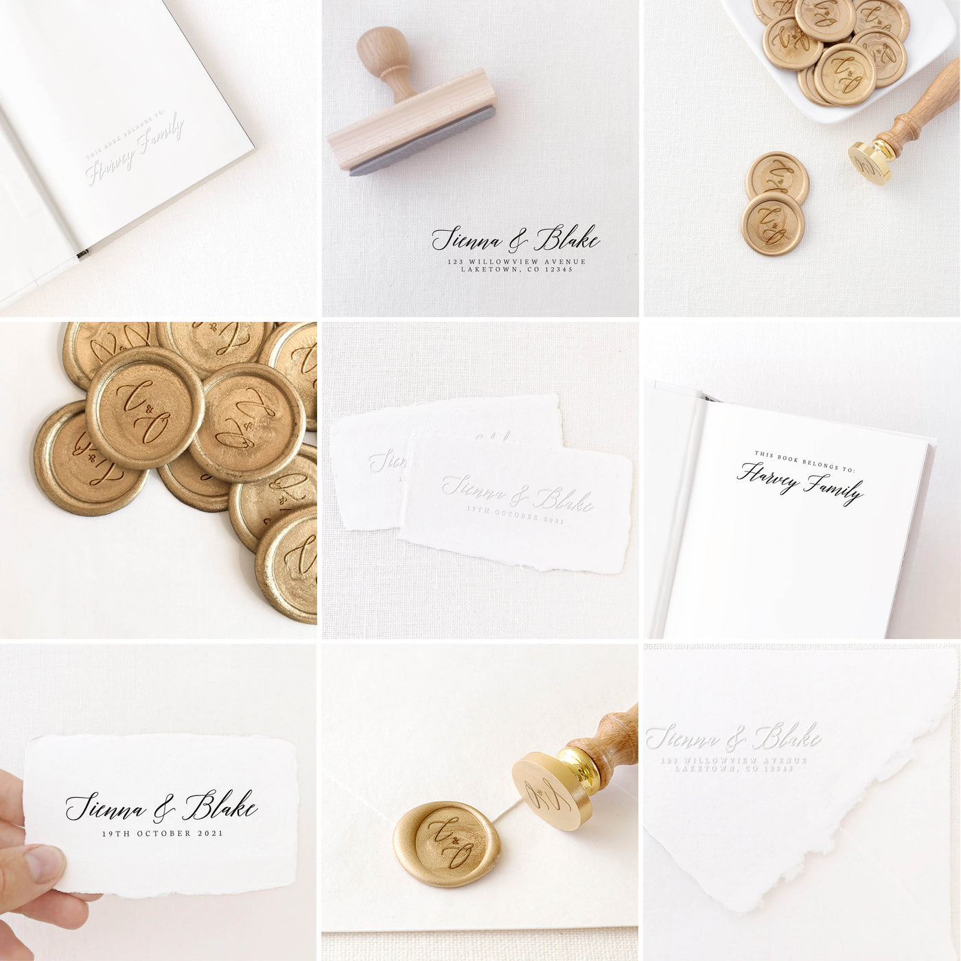 Juliette Romantic Calligraphy Script Collection | Custom Rubber Stamp, Wax Seal Stickers & Embosser for Custom Luxe Wedding Couples Packaging Embellishment & Family House Warming Gift | Heirloom Seals