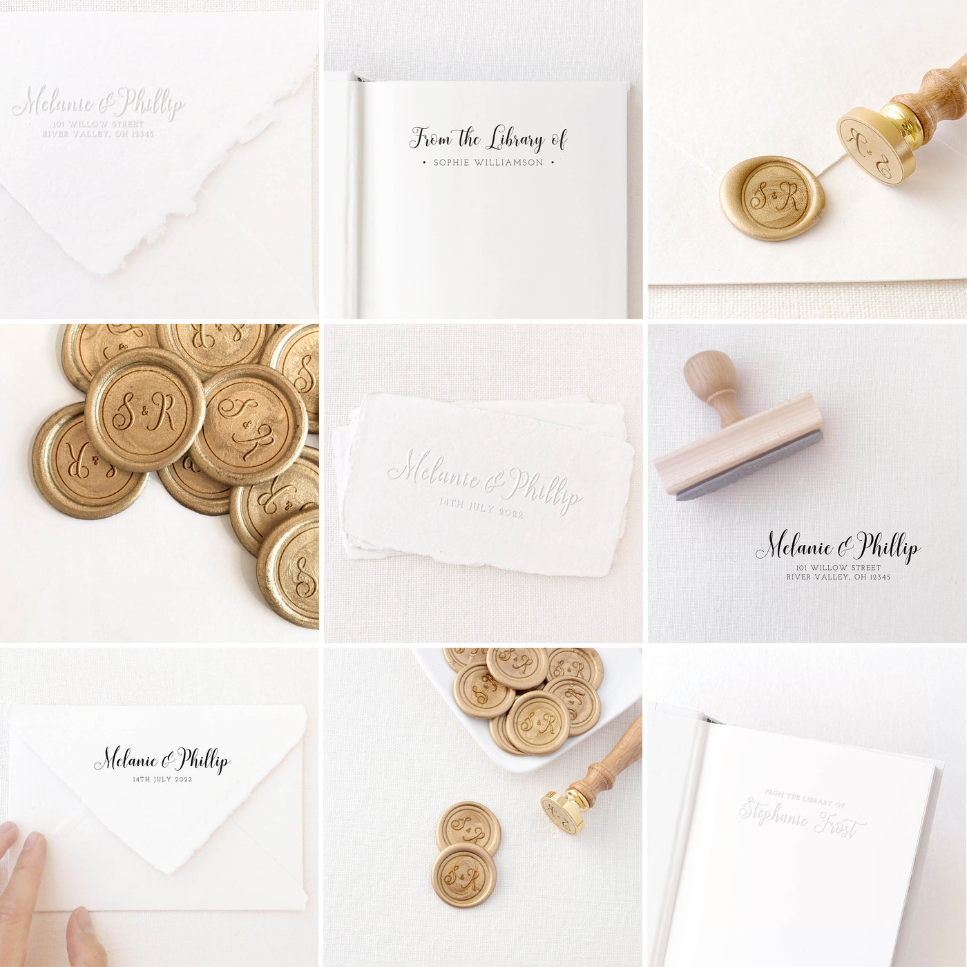 Kaylee Calligraphy Script Collection | Custom Rubber Stamp, Wax Seal Stickers & Embosser for Custom Luxe Embellishment Packaging & Fine Art Wedding Stationery Invitations | Heirloom Seals