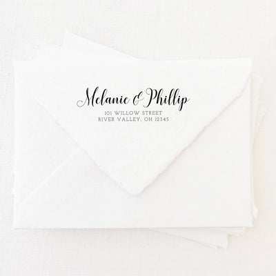 Kaylee Calligraphy Script Return Address Rubber Stamp | Brand Packaging Fine Art Handmade Deckled Edge Paper Wedding Stationery Invitations Envelopes | Heirloom Seals