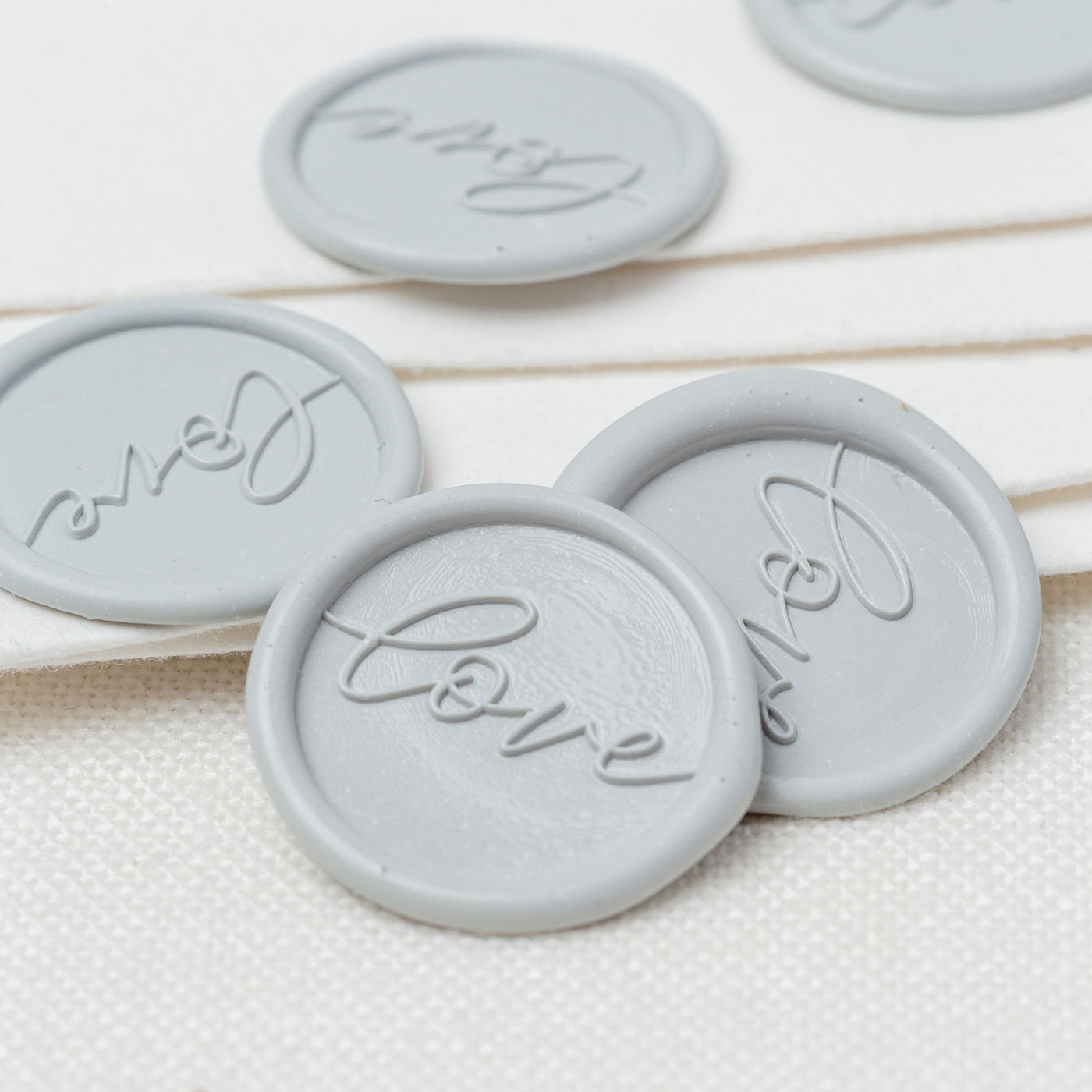 Love Calligraphy Script Wedding Sentiment Fog Grey Self-Adhesive Gold Wax Seal Embellishments For Fine Art Wedding Invitations | Worth The Wait Wedding Collection | Heirloom Seals