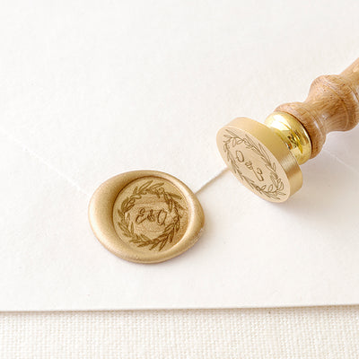 Olivia Botanical Script Monogram Gold Self-Adhesive Wax Seal Stickers & Wax Seal Stamp for Fine Art Wedding Stationery Invitations | Heirloom Seals