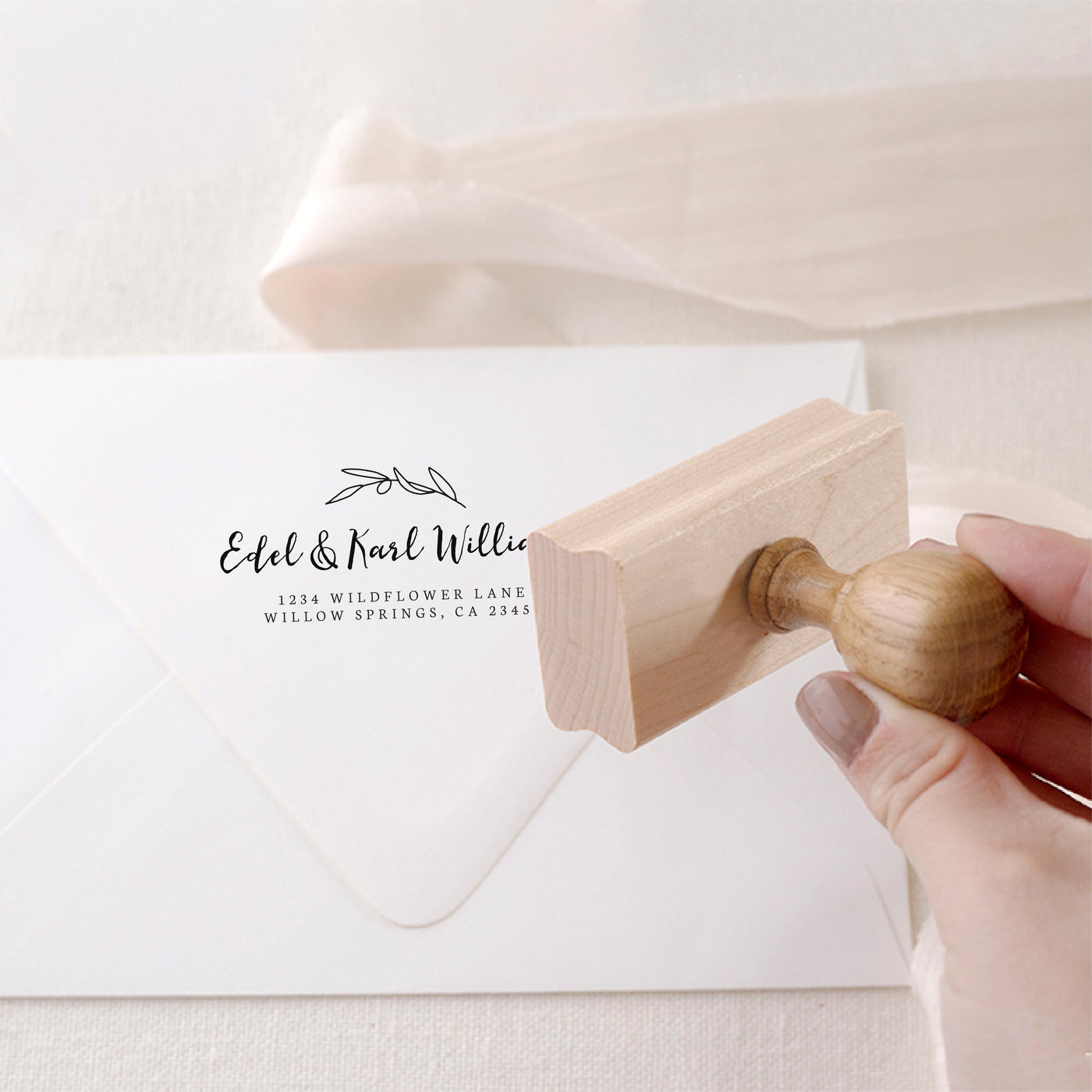 Olivia Botanical Calligraphy Script Return Address | Personalised Rubber Stamp with Wooden Handle for Fine Art Wedding Stationery Invitation Envelope | Heirloom Seals