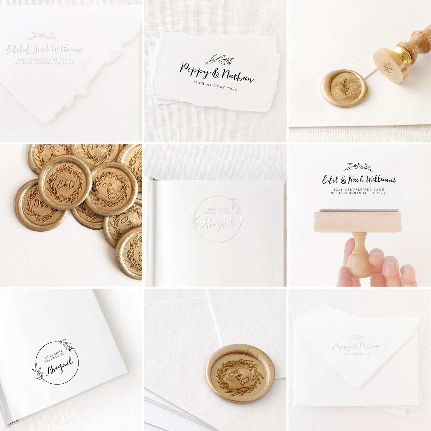 Olivia Botanical Calligraphy Script Collection | Custom Rubber Stamp, Wax Seal Stickers & Embosser for Custom Luxe Embellishment Packaging & Fine Art Wedding Stationery Invitations | Heirloom Seals