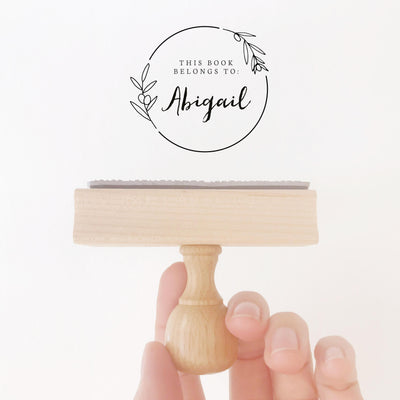 Olivia Rustic Botanical Calligraphy Script Library Book Stamp | Custom Ex Libre Rubber Stamp with Wooden Handle for Wedding Couple & Family Gift, Luxe Packaging Embellishment | Heirloom Seals
