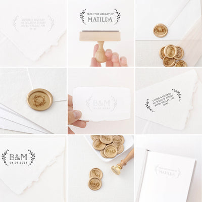 Penelope Rustic Botanical Collection | Classic Rubber Stamp Wax Seal Stickers Embosser Brand Packaging Wedding Invitations | Heirloom Seals