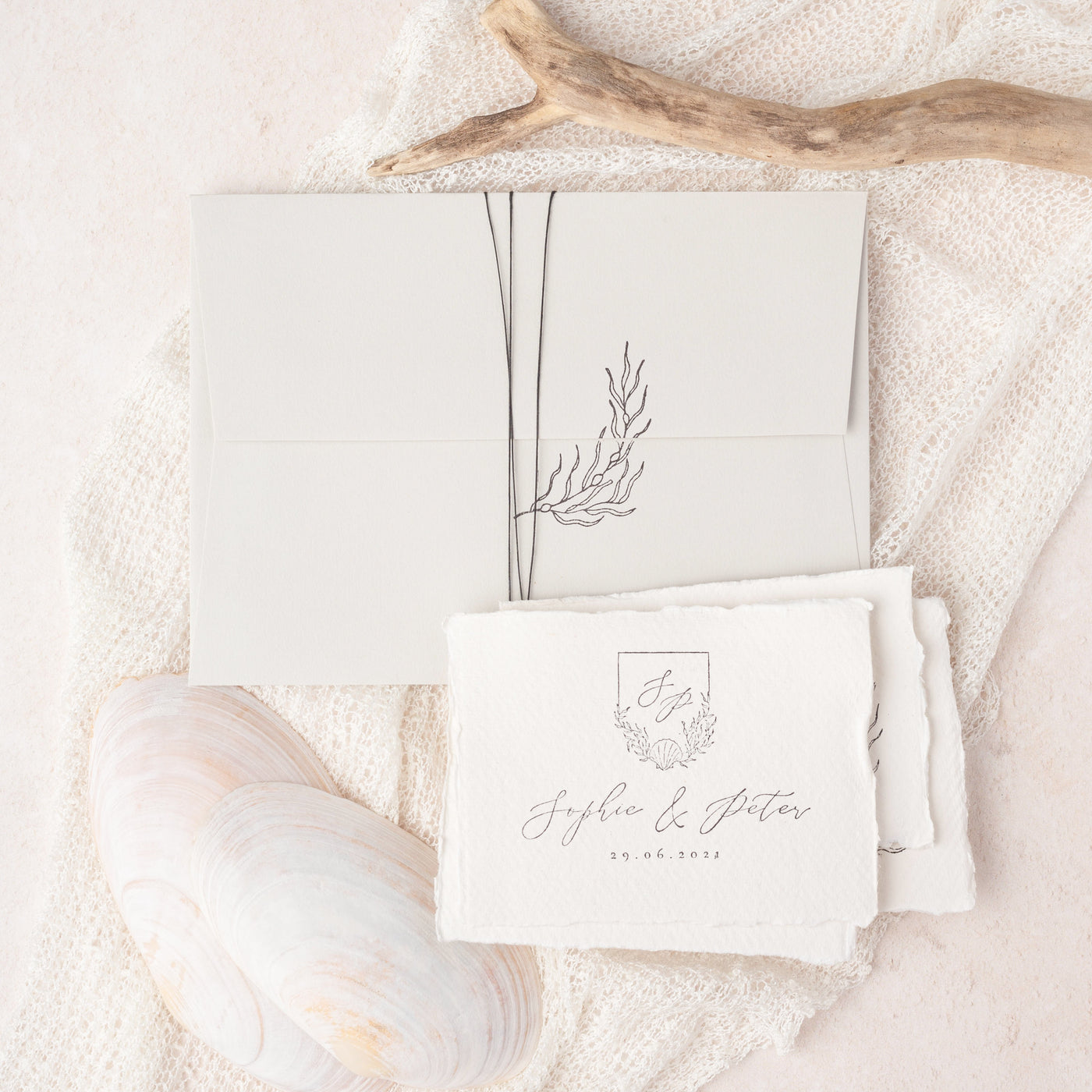 Rockweed Seaweed Botanical Rubber Stamp for Embossed Wedding Invitation Envelopes, Sea Pearl Save the Date|  Coastal Beach Wedding | Heirloom Seals