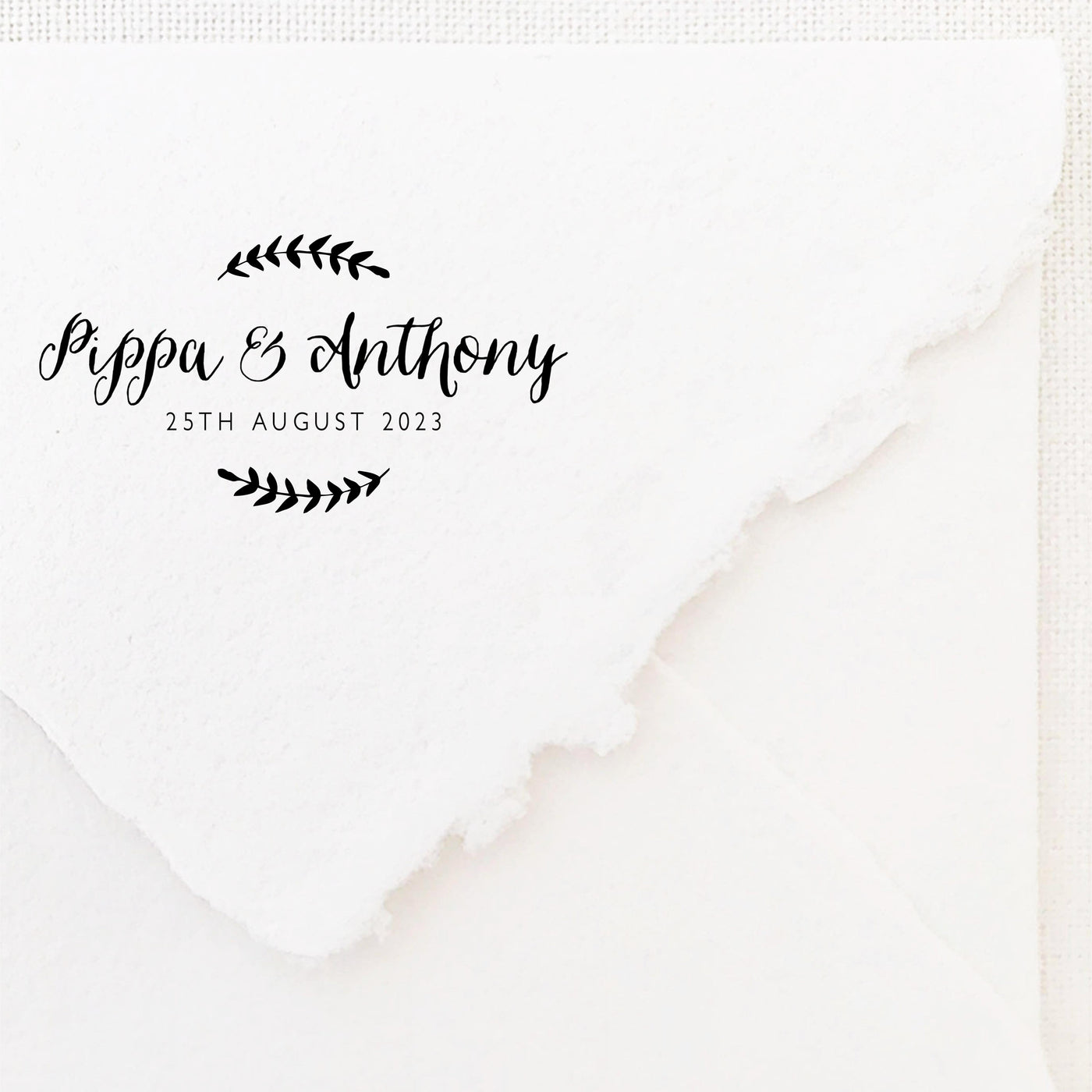Hayley Rustic Botanical Script Save The Date Rubber Stamp | Handmade Deckled Edge Paper Envelopes for Fine Art Wedding Stationery Invitations and Custom Luxe Brand Packaging | Heirloom Seals