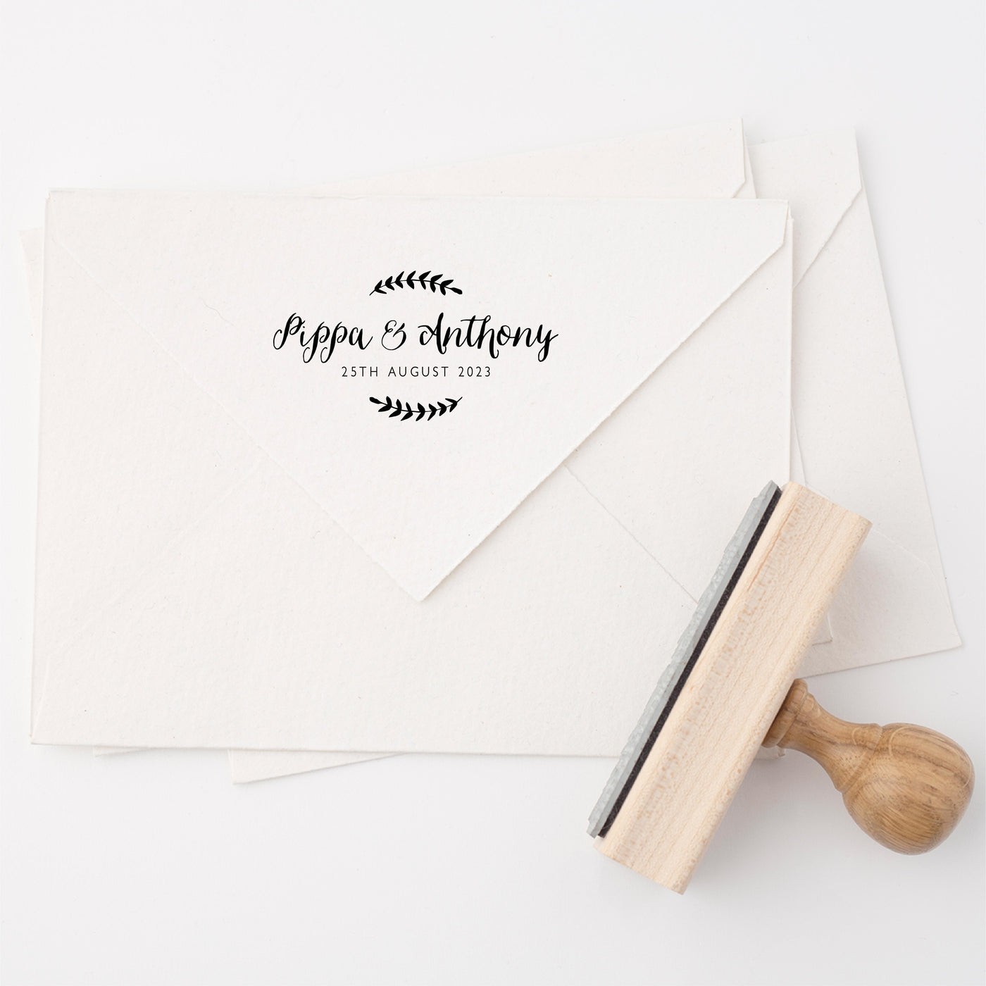 Hayley Rustic Botanical Script Save The Date Rubber Address | Personalised Rubber Stamp with Wooden Handle for Fine Art Wedding Stationery Invitation Envelope | Heirloom Seals