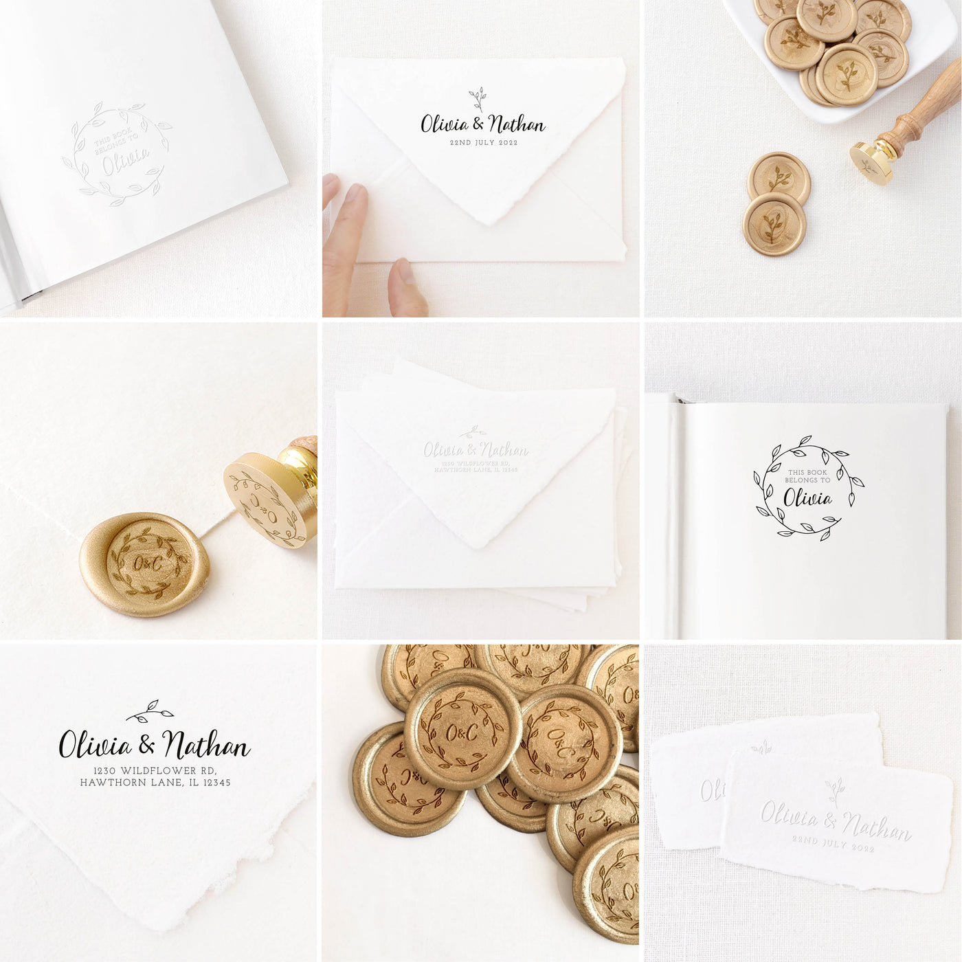 Sadie Botanical Calligraphy Script Collection | Custom Rubber Stamp, Wax Seal Stickers & Embosser for Custom Luxe Embellishment Packaging & Fine Art Wedding Stationery Invitations | Heirloom Seals