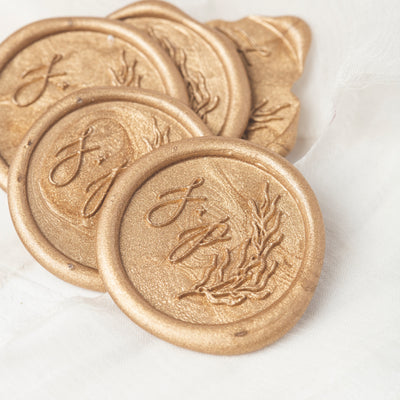 Sea Grass Calligraphy Monogram Coastal Gold Self-Adhesive Wax seal Stickers for Fine Art Wedding Stationery Invitations and Custom Luxe Brand Packaging | Heirloom Seals