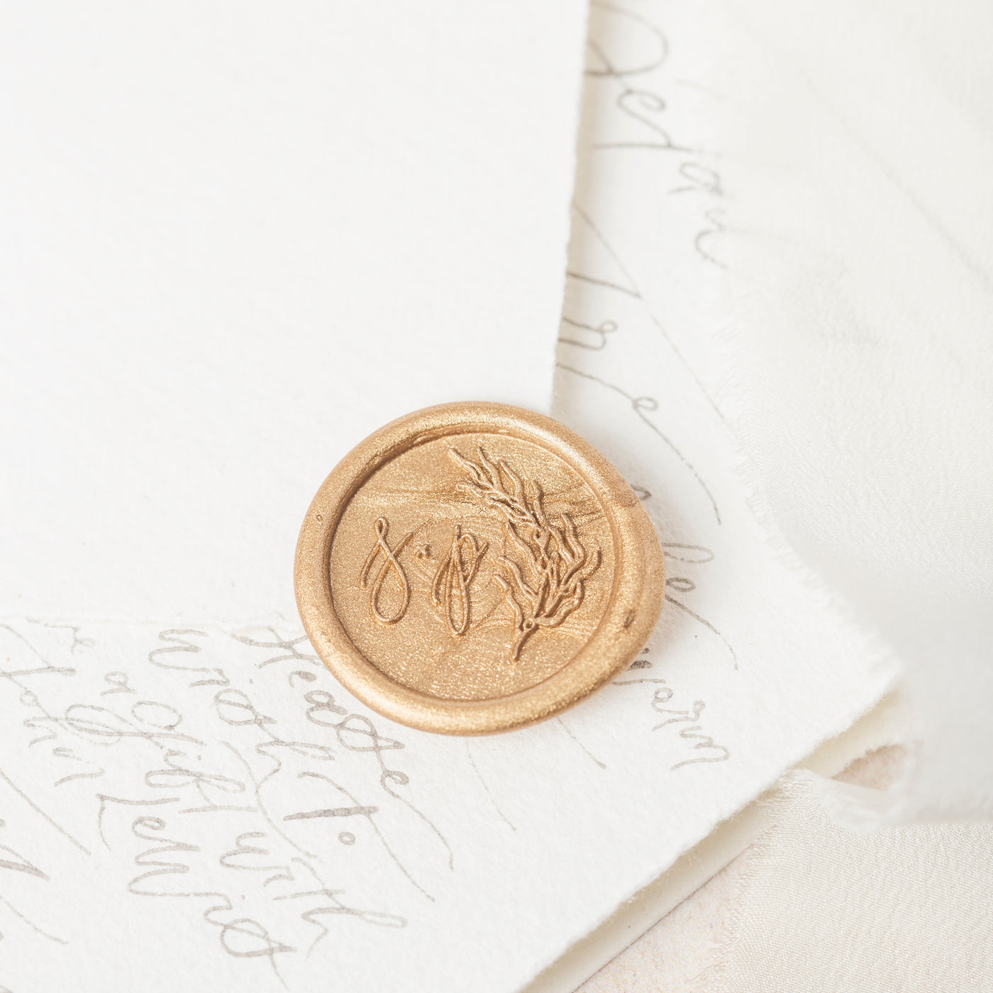 Sea Grass Calligraphy Monogram Coastal Gold Self-Adhesive Wax seal Stickers for Fine Art Wedding Stationery Invitations and Custom Luxe Brand Packaging | Heirloom Seals