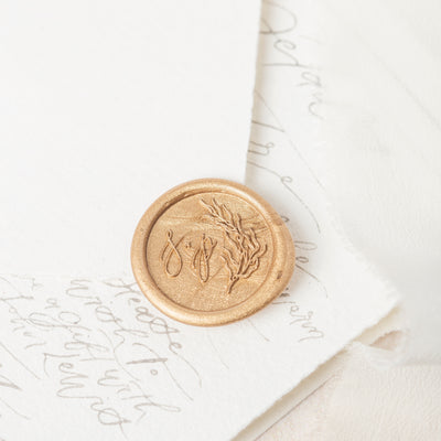 Sea Grass Calligraphy Monogram Coastal Gold Self-Adhesive Wax seal Stickers for Fine Art Wedding Stationery Invitations and Custom Luxe Brand Packaging | Heirloom Seals