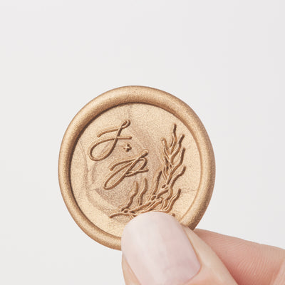 Sea Grass Calligraphy Monogram Coastal Gold Self-Adhesive Wax seal Stickers for Fine Art Wedding Stationery Invitations and Custom Luxe Brand Packaging | Heirloom Seals