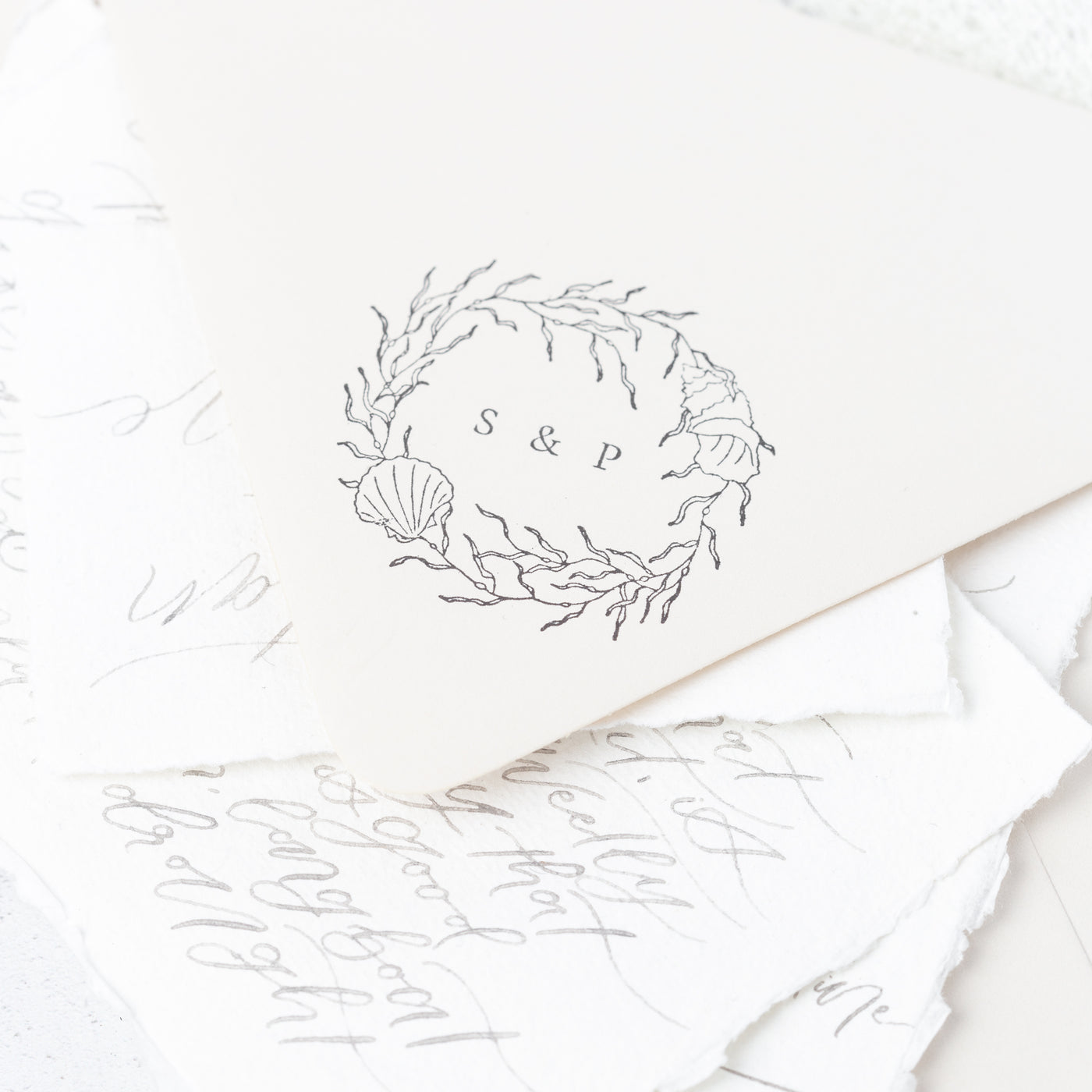 Sea Wreath Monogram Coastal Rubber Stamp | Coastal Beach Wedding | Heirloom Seals