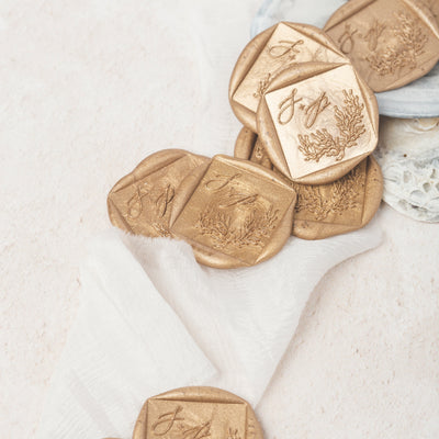 Sirene Calligraphy Script Square Monogram Gold Self Adhesive Wax Seals | Coastal Beach Wedding Wax Seal | Sea Breeze | Heirloom Seals