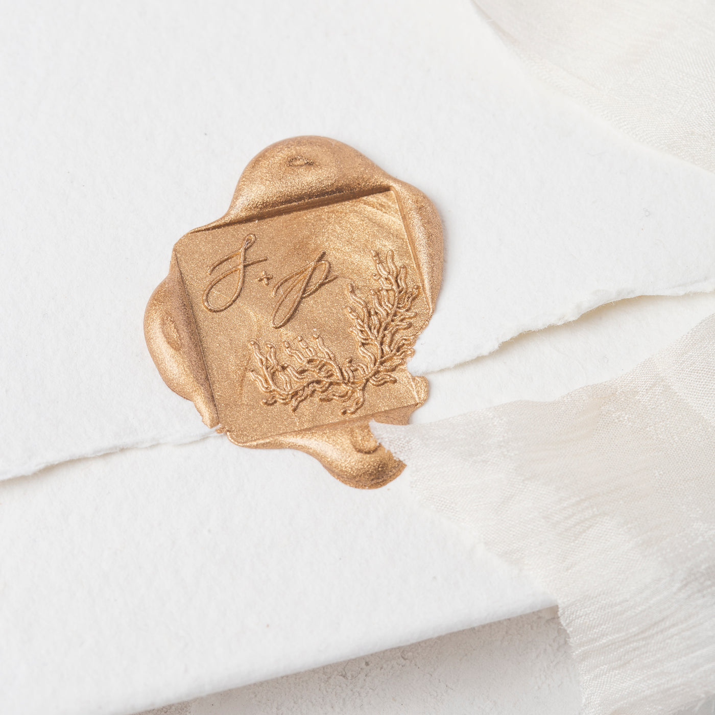 Sirene Calligraphy Script Square Monogram Gold Self Adhesive Wax Seals | Coastal Beach Wedding Wax Seal | Sea Breeze | Heirloom Seals