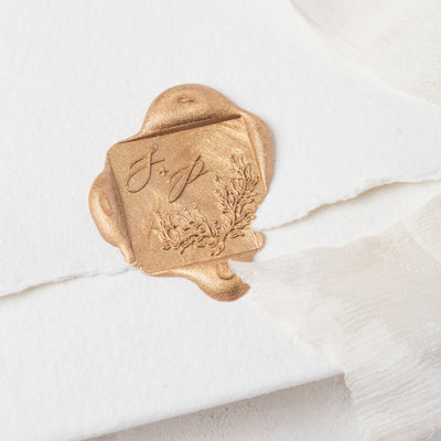 Sirene Calligraphy Script Square Monogram Gold Self Adhesive Wax Seals | Coastal Beach Wedding Wax Seal | Sea Breeze | Heirloom Seals