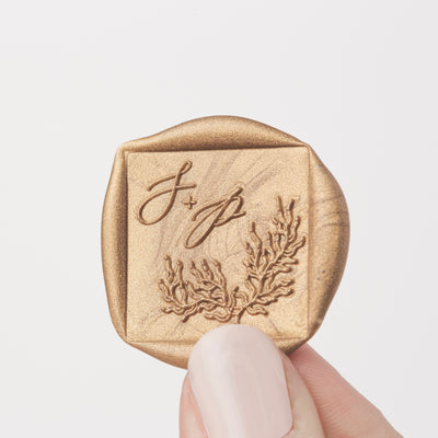 Sirene Calligraphy Script Square Monogram Gold Self Adhesive Wax Seals | Coastal Beach Wedding Wax Seal | Sea Breeze | Heirloom Seals