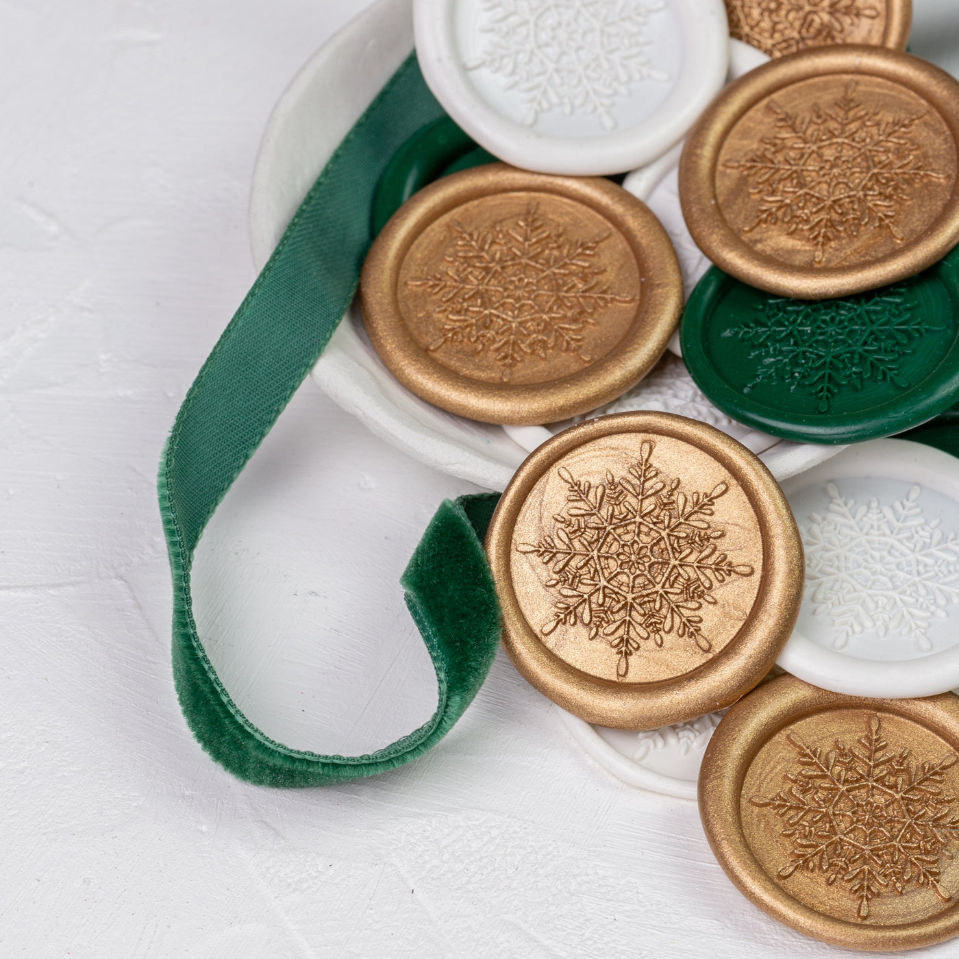 Christmas snowflake wax seals in white, green and gold | Heirloom Seals