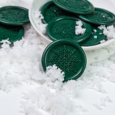 Green Christmas snowflake wax seal stickers display | Heirloom Seals