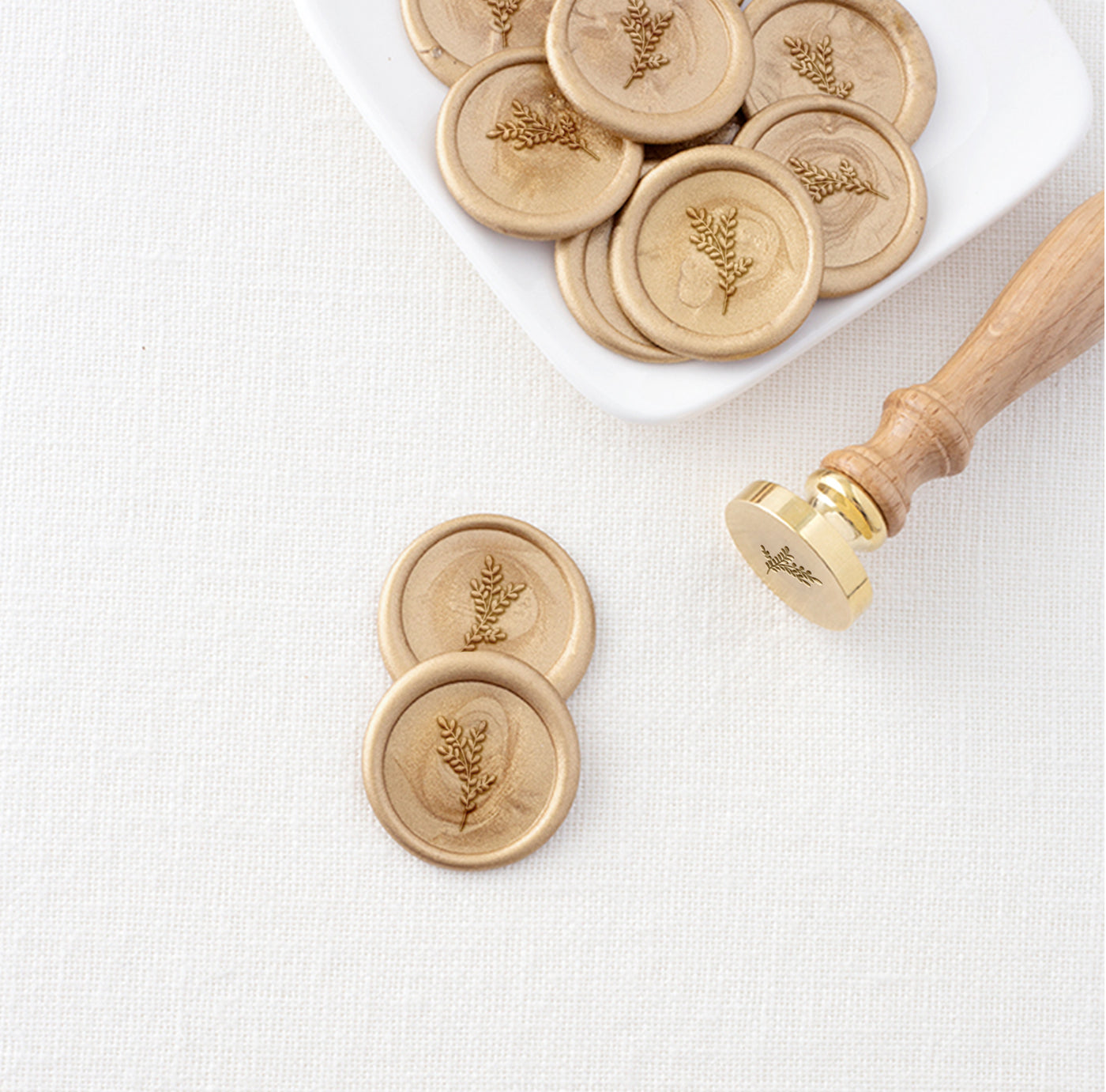 Sophia Botanical Laurel Sprig Gold Self-Adhesive Wax Seals For Garden Wedding Invitations | Heirloom Seals