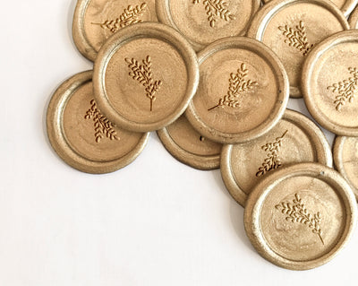 Sophia Botanical Laurel Sprig Gold Self-Adhesive Wax Seals For Garden Wedding Invitations | Heirloom Seals