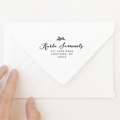 Sophia Calligraphy Script Botanical Return Address Rubber Stamp | Brand Packaging Fine Art Handmade Deckled Edge Paper Wedding Stationery Invitations Envelopes | Heirloom Seals
