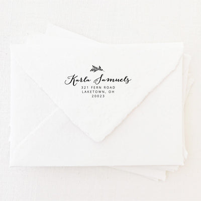 Sophia Calligraphy Script Botanical Return Address Rubber Stamp | Brand Packaging Fine Art Handmade Deckled Edge Paper Wedding Stationery Invitations Envelopes | Heirloom Seals