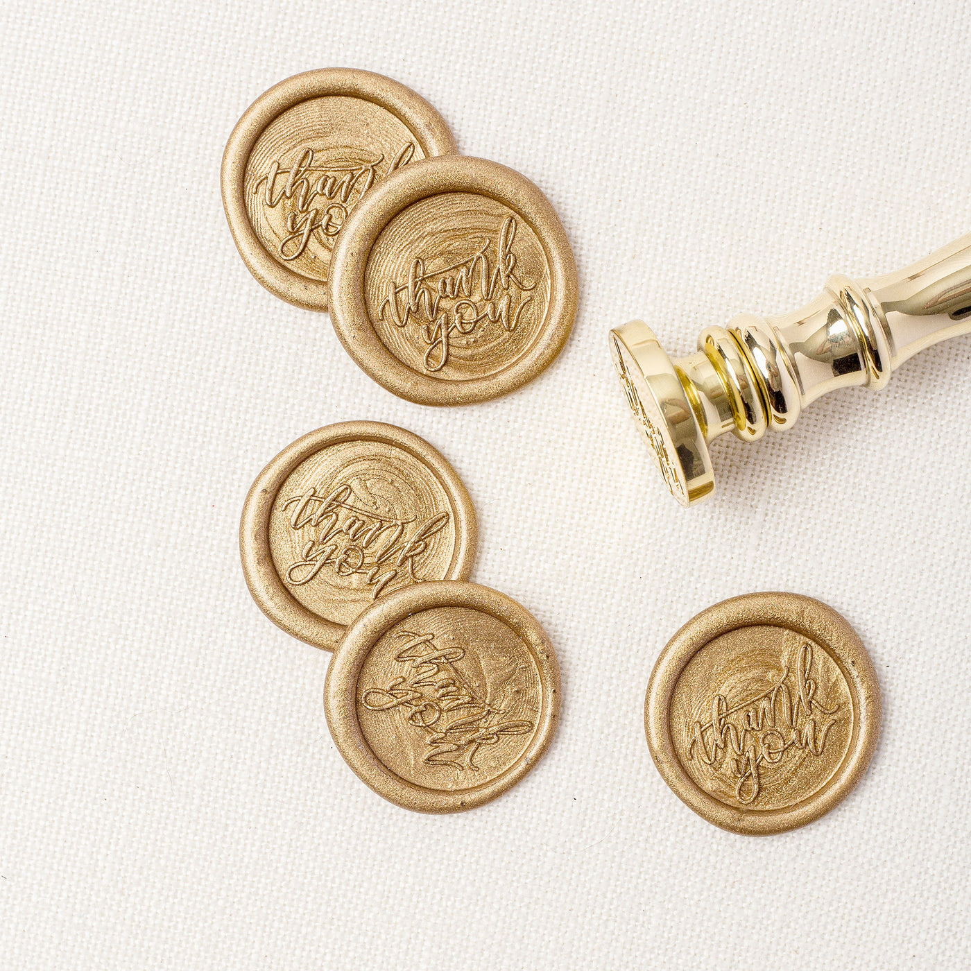 Thank You Calligraphy Script Self Adhesive Gold Wax Seal Stickers with Engraved Polished Brass Stamp And Handle | Heirloom Seals