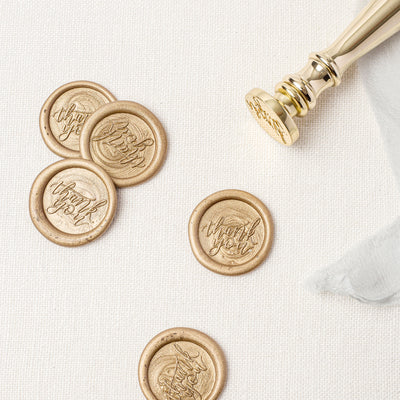 Thank You Calligraphy Script Self Adhesive Gold Wax Seal Stickers with Engraved Polished Brass Stamp And Handle | Heirloom Seals