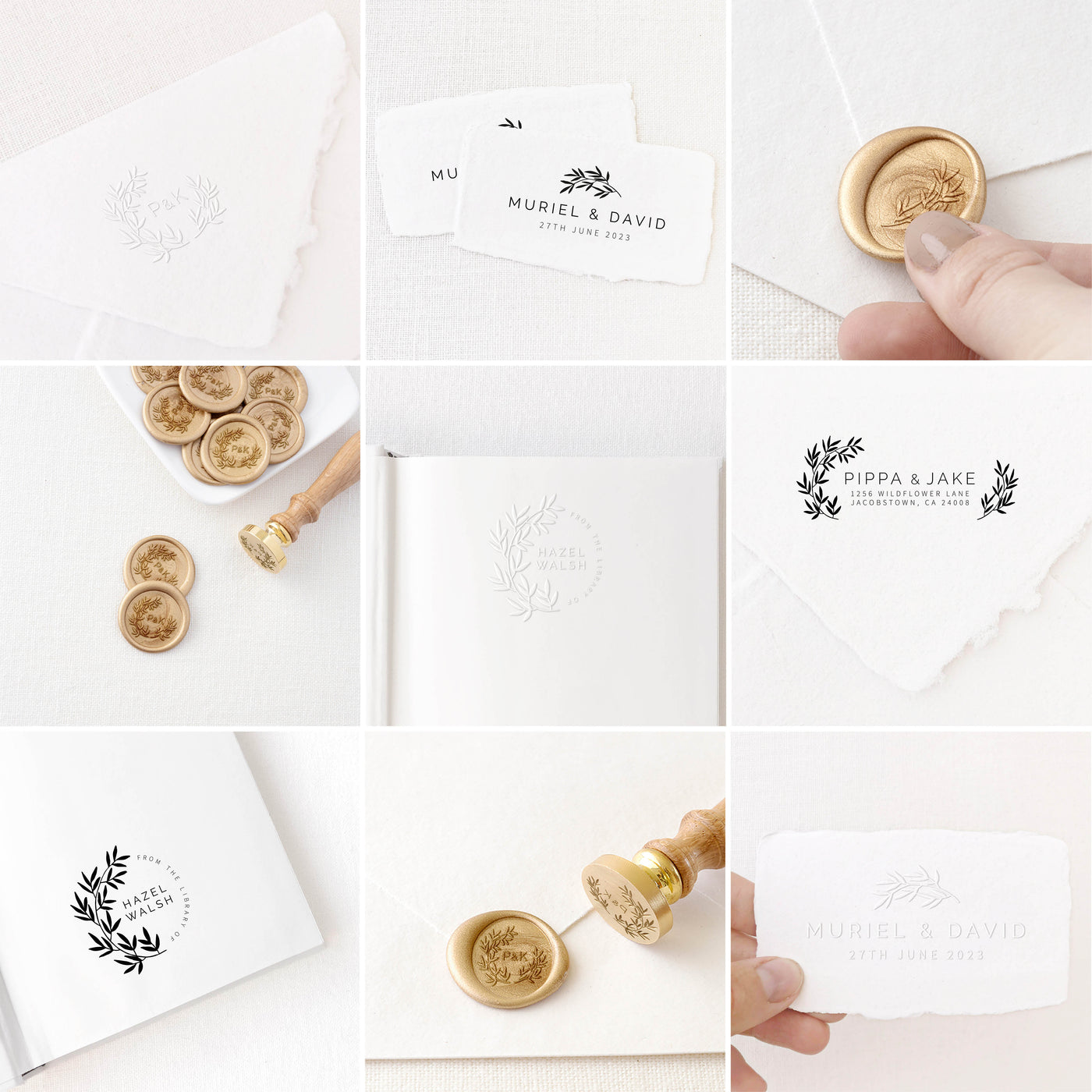 Valerie Classic Rustic Botanical Collection | Custom Rubber Stamp, Wax Seal Stickers & Embosser for Custom Luxe Wedding Couples Packaging Embellishment & Family House Warming Gift | Heirloom Seals