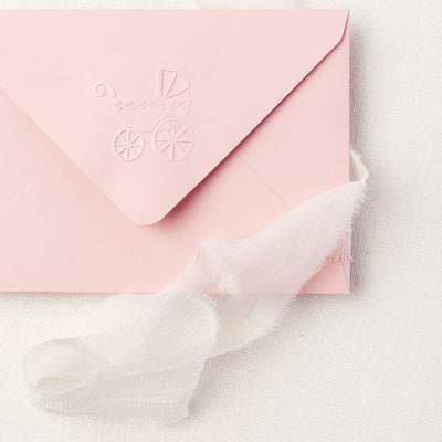 Baby Carriage Pram Embosser | Embossed Pink Envelope for Birth Announcements & Baby Shower Packaging | Heirloom Seals