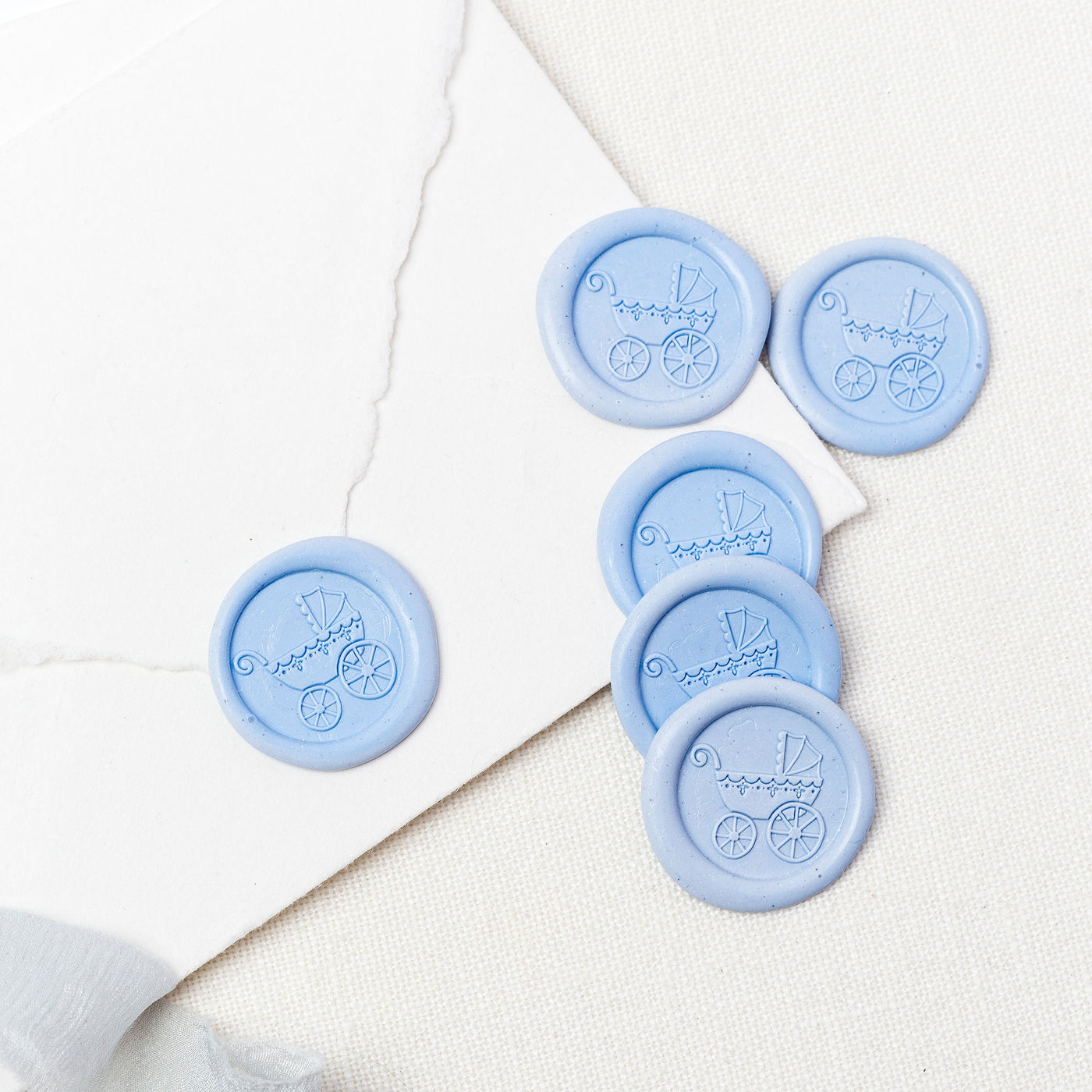Pram Baby Carriage Breeze Blue Self Adhesive Wax Seal With Polished Brass Stamp Handle | Heirloom Seals