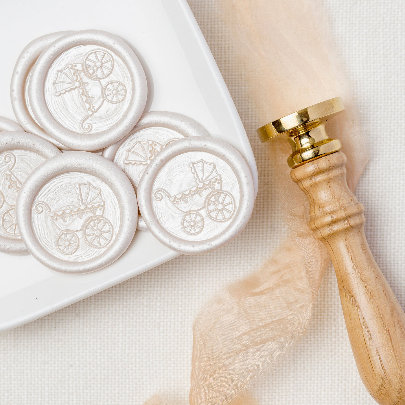 Pram Baby Carriage Pearl White Self Adhesive Wax Seal With Polished Oak Stamp Handle | Heirloom Seals