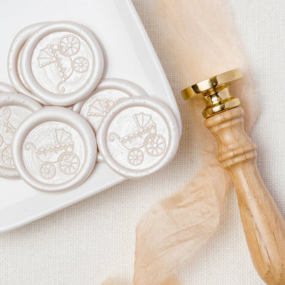 Pram Baby Carriage Pearl White Self Adhesive Wax Seal With Polished Oak Stamp Handle | Heirloom Seals