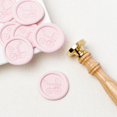 Pram Baby Carriage Pink Self Adhesive Wax Seal With Polished Oak Stamp Handle | Heirloom Seals