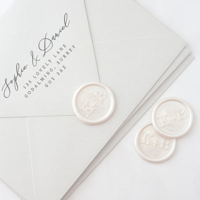 Hannah Classic Monogram White Self-Adhesive Wax seal Stickers for Fine Art Wedding Stationery Invitations and Custom Luxe Brand Packaging | Heirloom Seals